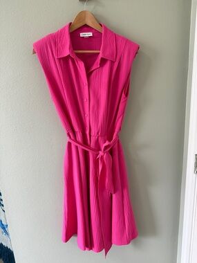 Calvin Klein Bright Pink Sleeveless Shirt Midi Dress with Tie Waist